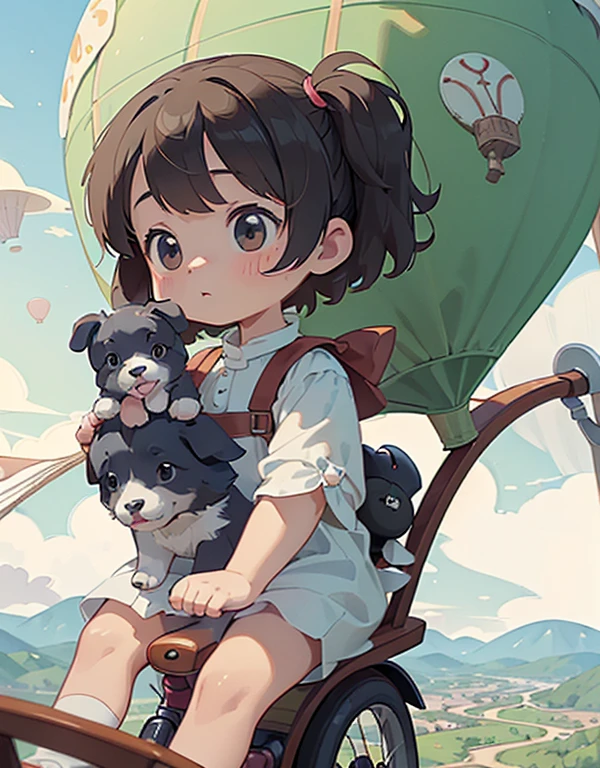 (Top quality, super high resolution, historical masterpiece) (High-definition CG illustration: 1.2) A girl and a puppy riding on a hot air balloon, ((Cute short girl))) (Mini, short, petite) (Young, younger, looks younger, looks younger,) A girl holding a puppy is enjoying a walk in the sky on a hot air balloon, (holding a puppy) (above the clouds)