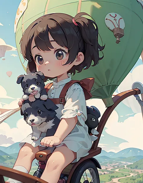 (Top quality, super high resolution, historical masterpiece) (High-definition CG illustration: 1.2) A girl and a puppy riding on...