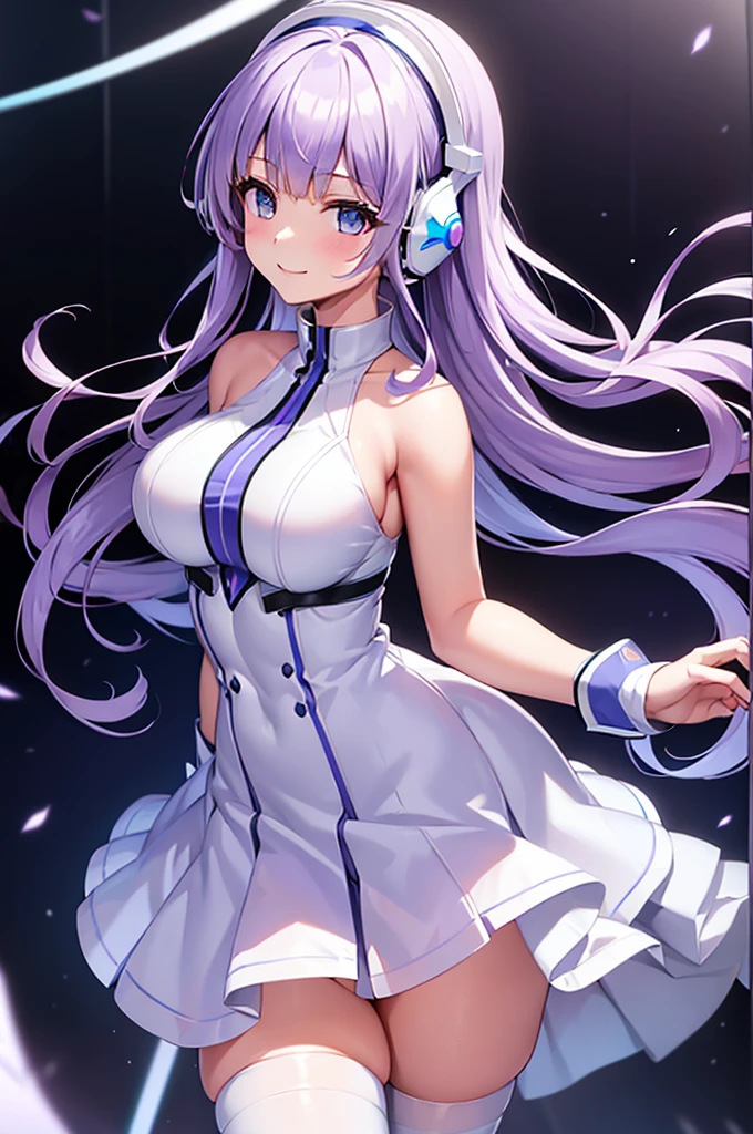 mecha wings、White and blue skirt、Accentuated thighs、White tights、chest、Beautiful light purple hair、1 girl、solo girl、Thick thighs、IS、Frame Arms Girl、Alice Gere Aegis、White Armor、Blue and purple lines、income、headphone、hand on own chest、smile