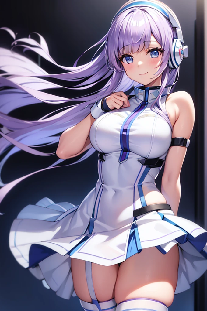 mecha wings、White and blue skirt、Accentuated thighs、White tights、chest、Beautiful light purple hair、1 girl、solo girl、Thick thighs、IS、Frame Arms Girl、Alice Gere Aegis、White Armor、Blue and purple lines、income、headphone、hand on own chest、smile