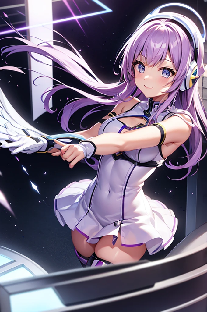 mecha wings、White Skirt、Accentuated thighs、chest、Light purple hair、1 girl、solo girl、IS、Frame Arms Girl、Alice Gere Aegis、Black and yellow armor、Pink Line、income、headphone、hand on own chest、smile