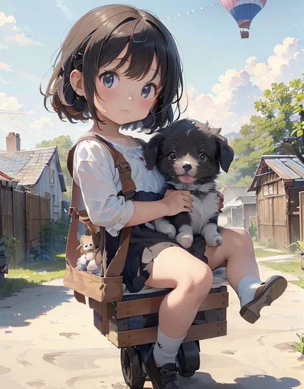 (Top quality, super high resolution, historical masterpiece) (High-definition CG illustration: 1.2) A girl and a puppy riding on a hot air balloon, ((Cute short girl))) (Mini, short, petite) (Young, younger, looks younger, looks younger,) A girl holding a puppy is enjoying a walk in the sky on a hot air balloon, (holding a puppy) (above the clouds)