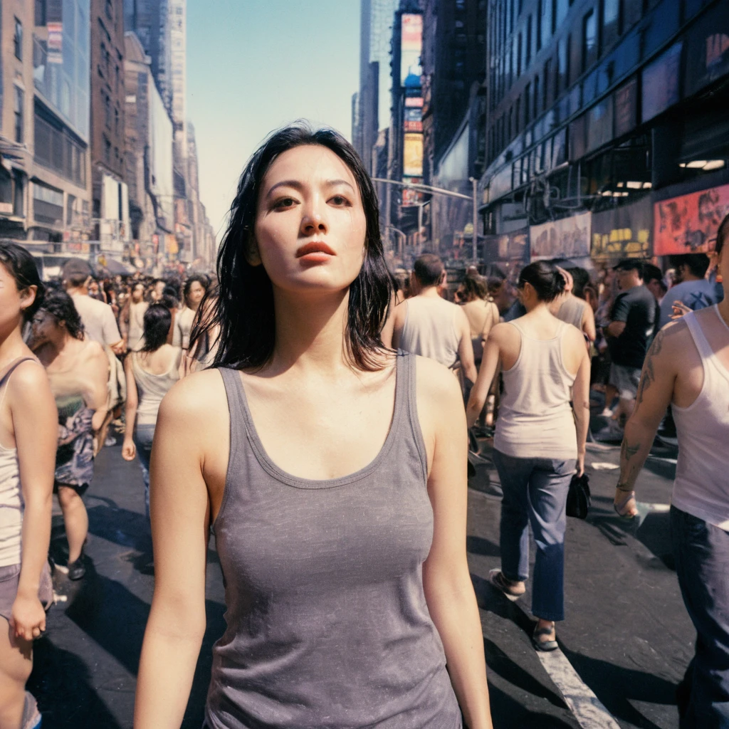 xxmixgirl,Detailed face of one woman、Time Square、Detailed Background、Shadow of Cyberpunk、Dramatic lighting、By Bill Sienkiewicz ( Simple Positive XLv1:0.7), 1girl wet tshirt look sexy, splash detailed, surreal dramatic lighting shadow (lofi, analogue), kodak film by Brandon Woelfel Ryan McGinley, normal breasts, normal hips