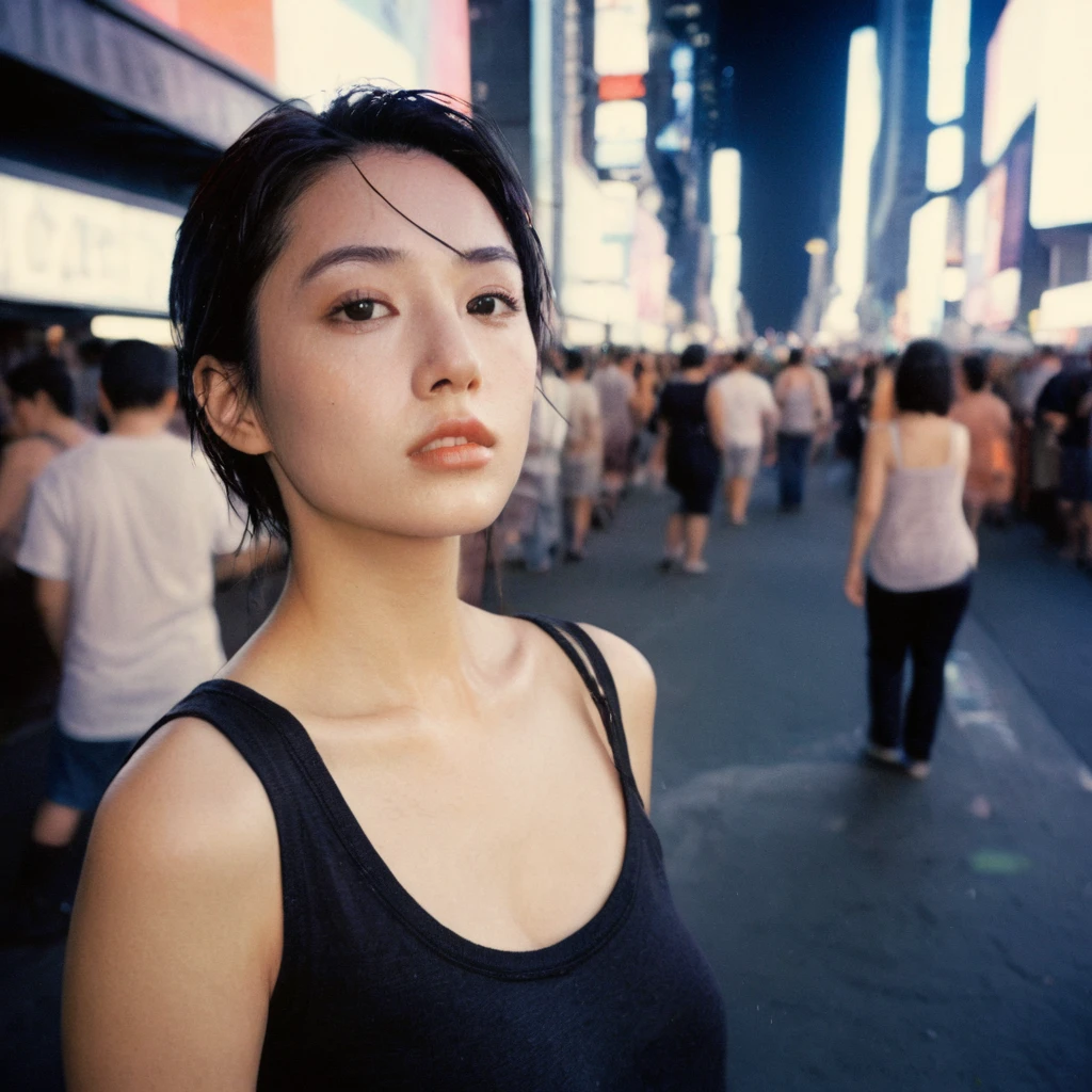 xxmixgirl,Detailed face of one woman、Time Square、Detailed Background、Shadow of Cyberpunk、Dramatic lighting、By Bill Sienkiewicz ( Simple Positive XLv1:0.7), 1girl wet tshirt look sexy, splash detailed, surreal dramatic lighting shadow (lofi, analogue), kodak film by Brandon Woelfel Ryan McGinley, normal breasts, normal hips