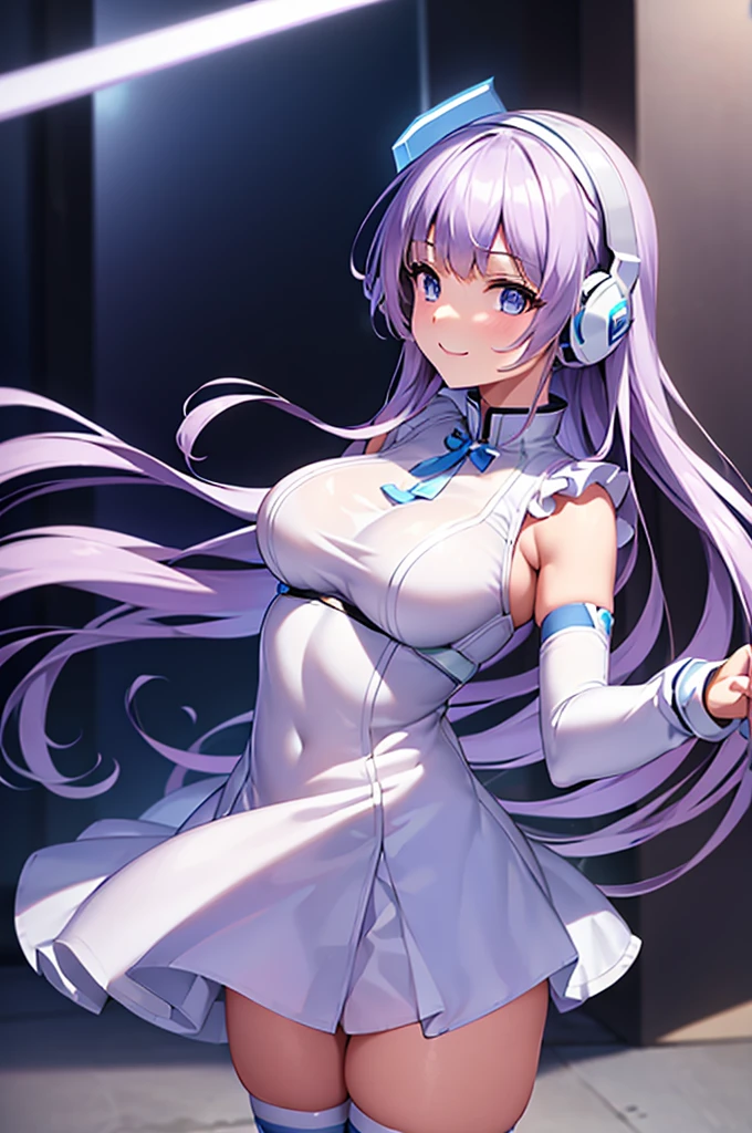 mecha wings、White and blue skirt、Accentuated thighs、White tights、chest、Beautiful light purple hair、1 girl、solo girl、Thick thighs、IS、Frame Arms Girl、Alice Gere Aegis、White Armor、Blue and purple lines、income、headphone、hand on own chest、smile