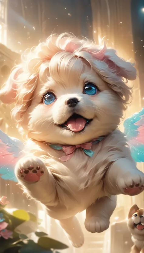 anime:1.5, a cute and sweet flying puppy, adorable puppy, 1 puppy, fluffy puppy, playful puppy, puppy with wings, fantasy puppy, whimsical puppy, adorable puppy portrait, detailed puppy face, beautiful puppy eyes, cute puppy expression, puppy in the sky, puppy flying, puppy levitating, pastel colors, soft lighting, cinematic lighting, fantasy art, digital painting, highly detailed, award winning, (best quality,4k,8k,highres,masterpiece:1.2),ultra-detailed,(realistic,photorealistic,photo-realistic:1.37)