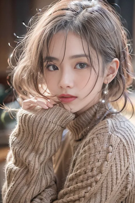 sit on a chair、(face close-up:1.3)、((a sly pose)),(raw shooting), ３５age、((a high-necked red knit sweater))、white scarf around ne...