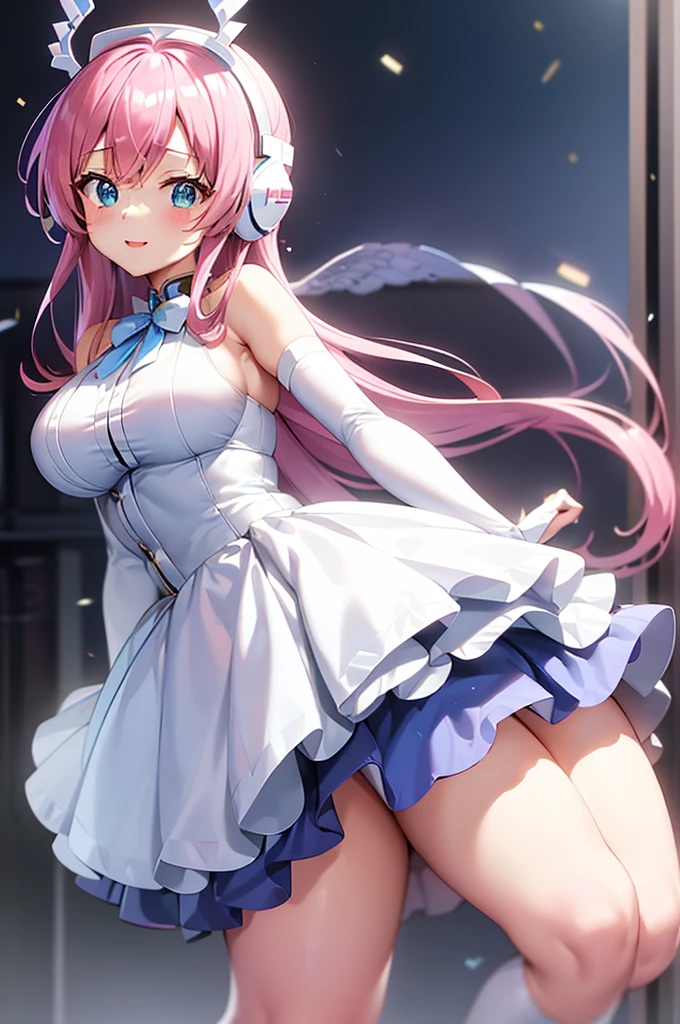 mecha wings、White and blue skirt、Accentuated thighs、White tights、chest、Beautiful pink hair、1 girl、solo girl、Thick thighs、IS、Frame Arms Girl、Alice Gere Aegis、White Armor、Blue and purple lines、income、headphone、hand on own chest、smile