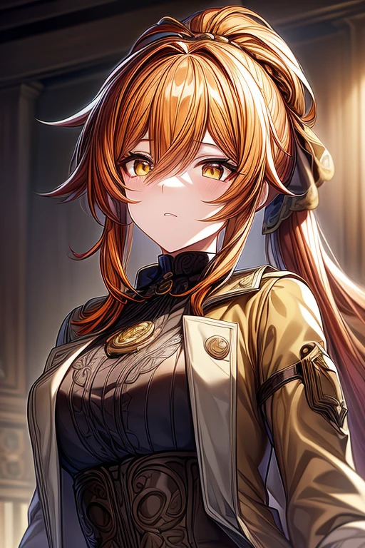 (chef-d&#39;œuvre, Meilleure qualité, visage parfait, YEUX EXPRESSIFS), 1fille, (animé), détails complexes, cheveux roux, les yeux jaunes, gilet marron, Trench marron, queue de cheval, cheveux longs,