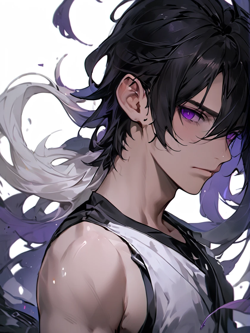 ((8k resolution masterpiece)) 1male, full body art, anime, Young adult, midnight purple eyes, wild short white hair, mid length white hair, defined dody, slim toned, light skin, casual expression, black tank top, black cargo pants, 