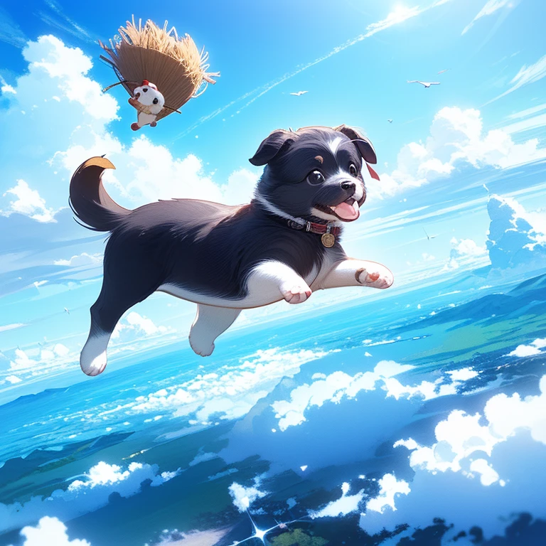 (Top quality, ultra-high resolution, historical masterpiece) (High-definition CG illustration: 1.2) A puppy, flying in the sky, a puppy on a broom (above the clouds)