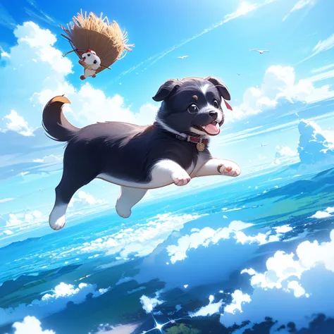 (top quality, ultra-high resolution, historical masterpiece) (high-definition cg illustration: 1.2) a puppy, flying in the sky, ...