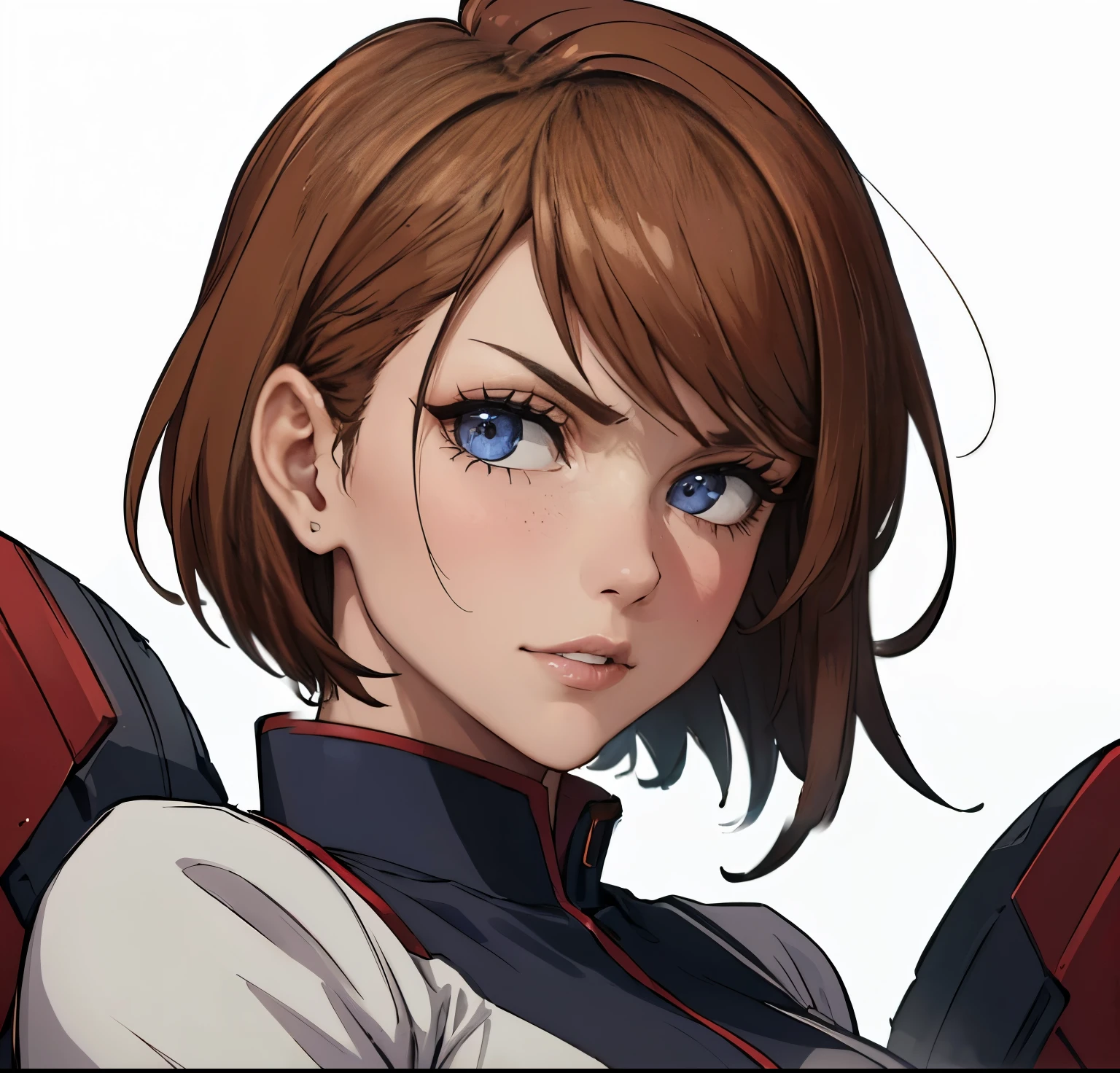 (masterpiece:1.2, best quality:1.2, beautiful, high quality, highres:1.1), 1girl, detailed, short hair, short brown hair, short brown hair, extremely detailed 4K, perfect eyes, perfect face, 1girl , circle arms, serious gaze, ready for battle, combat face, brown shiny eyes, brown colored eyes, upper body, portrait, posinf hands, calm face, happy attitude, posing, hands, arms, side bangs, short hair, scars on body, Nobara Kugisaki, perfect eyes dangerous, brown colored eyes, exotica, Nobara Kugisaki LoRA, blue shirt, jujutsu uniform, beautiful view, background, sleeves, beautiful face, perfect lighting, (1girl, solo, adult female, mature female), thin, lithe body, Nobara, light brown, (medium breasts), ((sensual seductive))