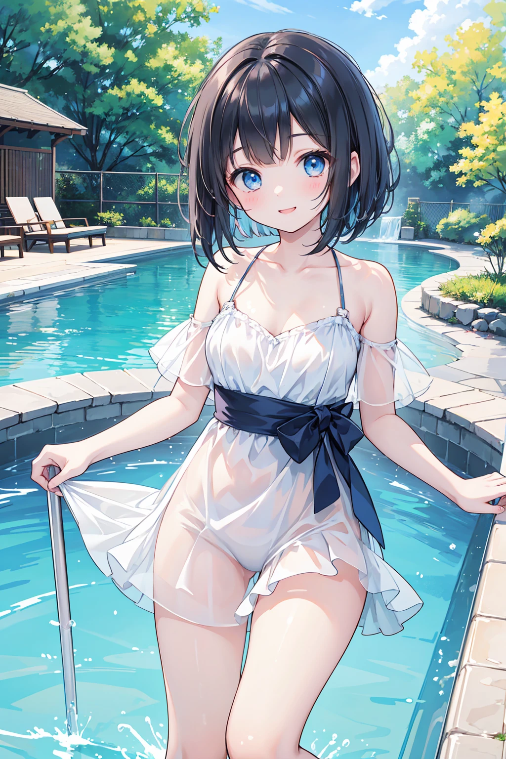 Photorealistic、Highest quality、Highest Resolution、Highest quality、８Ｋ、1人のBeautiful woman、Beautiful woman、Beautiful woman、cute、Bob cut hair、Dark Hair Color、Pale blue eyes、cute水着、Pool、Waterslide、Playing with floats、smile、looks fun、