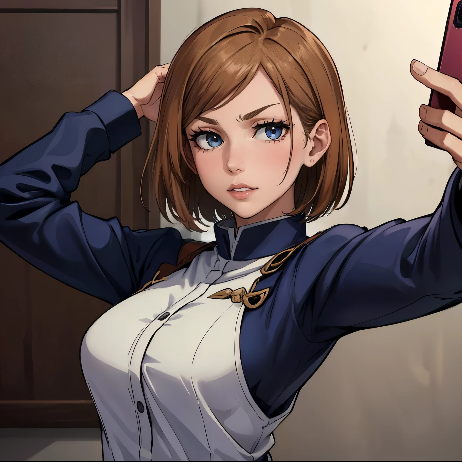 (masterpiece:1.2, best quality:1.2, beautiful, high quality, highres:1.1), 1girl, detailed, short hair, short brown hair, short brown hair, extremely detailed 4K, perfect eyes, perfect face, 1girl , circle arms, serious gaze, ready for battle, dark blue clothes, dark clothes, fully clothed, showing body, upper body, selfie, combat face, brown shiny eyes, brown colored eyes, upper body, portrait, posinf hands, calm face, happy attitude, posing, hands, arms, side bangs, short hair, scars on body, Nobara Kugisaki, perfect eyes dangerous, brown colored eyes, exotica, Nobara Kugisaki LoRA, blue shirt, jujutsu uniform, beautiful view, background, sleeves, beautiful face, perfect lighting, (1girl, solo, adult female, mature female), thin, lithe body, Nobara, light brown, (medium breasts), ((sensual seductive))