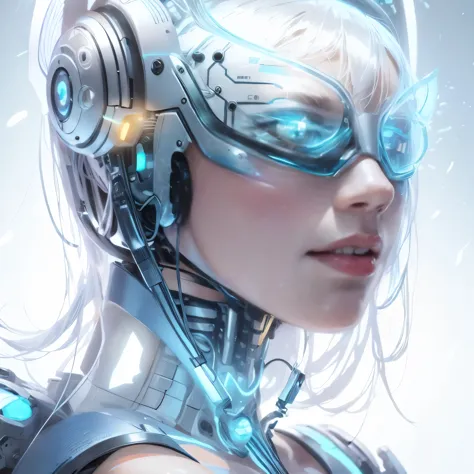 a close-up of a robot with headphones and glasses, Cyborg - Girl, Cyborg Woman, cyborg girl, beautiful white cyborg girl, Beauti...