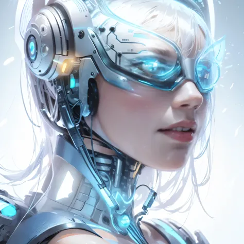 a close-up of a robot with headphones and glasses, Cyborg - Girl, Cyborg Woman, cyborg girl, beautiful white cyborg girl, Beauti...