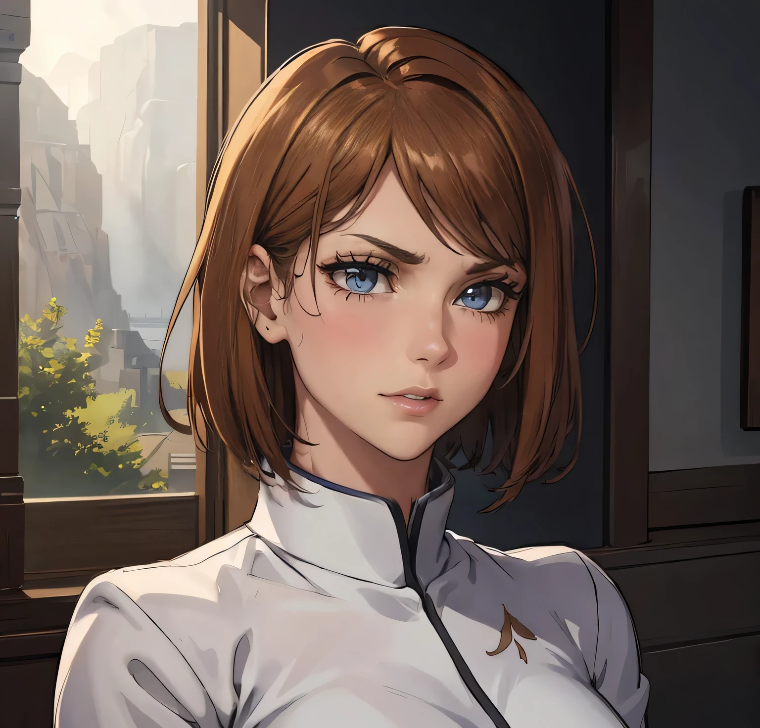 (masterpiece:1.2, best quality:1.2, beautiful, high quality, highres:1.1), 1girl, detailed, short hair, short brown hair, short brown hair, extremely detailed 4K, perfect eyes, perfect face, 1girl , circle arms, serious gaze, ready for battle, combat face, brown shiny eyes, brown colored eyes, upper body, portrait, posinf hands, calm face, happy attitude, posing, hands, arms, side bangs, short hair, scars on body, Nobara Kugisaki, perfect eyes dangerous, brown colored eyes, exotica, Nobara Kugisaki LoRA, blue shirt, jujutsu uniform, beautiful view, background, sleeves, beautiful face, perfect lighting, (1girl, solo, adult female, mature female), thin, lithe body, Nobara, light brown, (medium breasts), ((sensual seductive))