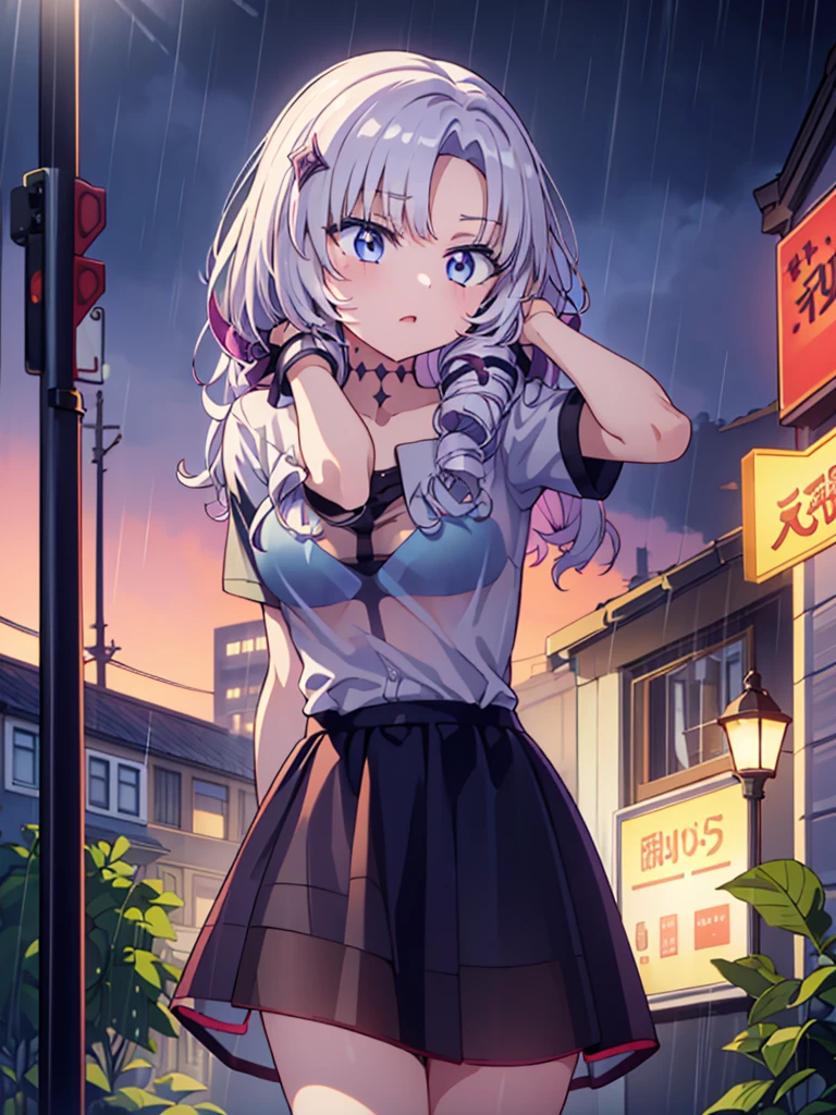 The clothes are wet, (Y-shirt is transparent: 1.4), skirt, (Unbroken body), (Perfect body structure), (arms two), (legs two), highest quality, 4K, (High resolution: 1.3) masterpiece , 1.2, Super detailed, HDR, Studio Lighting, Sharp Focus, Bright colors, Portrait, Warm tones, Soft Lighting,A bus stop in the evening rain、(Put your hands on your head)、