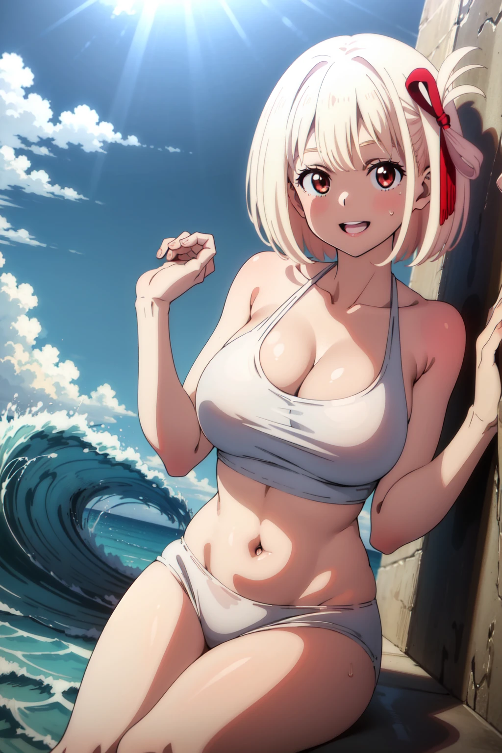 (masterpiece, best quality:1.4), looking at viewer, smile,chisato nishikigi, blonde hair, short hair, red eyes,large breasts, hair ribbon, Smiling, looking at the viewer, blue theme, blue background, cloudy sky, sunlight, sweat, orgasmic, Completely naked, cleavage, belly button exposed, collarbone, thighs, sea , head, Wave, splashe,