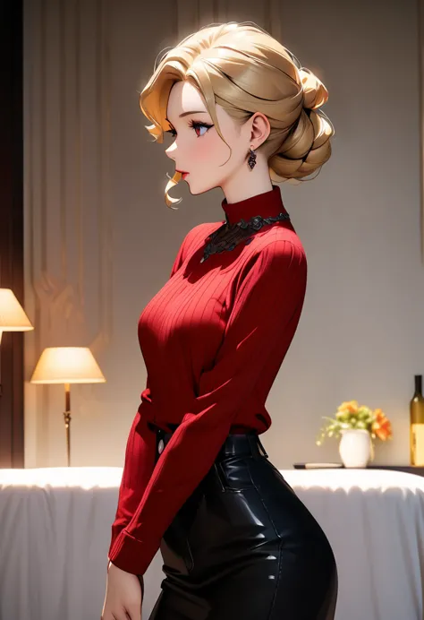 (exquisite details, high definition, fashion style:1.4),beautiful blonde women,wearing red sweater,(elegant posture, warm atmosp...