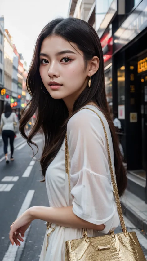 a beautiful young chinese girl walking down a city street, holding a shopping bag, (1girl,beautiful detailed eyes:1.2,beautiful ...