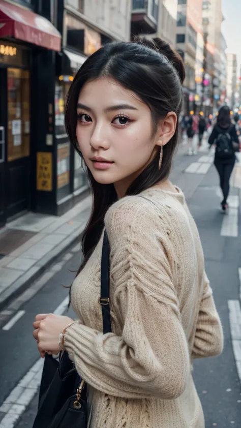 a beautiful young chinese girl walking down a city street, holding a shopping bag, (1girl,beautiful detailed eyes:1.2,beautiful ...