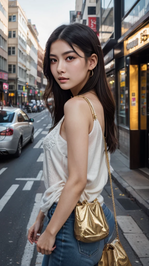 a beautiful young chinese girl walking down a city street, holding a shopping bag, (1girl,beautiful detailed eyes:1.2,beautiful detailed lips,extremely detailed face,long eyelashes),(masterpiece,best quality,ultra-detailed:1.6),realistic,photorealistic,vivid colors,cinematic lighting,dramatic atmosphere,detailed background,urban environment,realistic textures,dynamic pose,serene expression,illustration