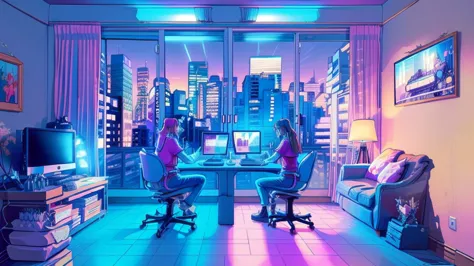 girl is a trader, pink theme, style anime, computer, living room, in the computer screen is chart stock night light , (very deta...