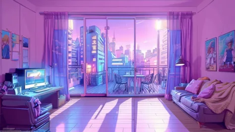 girl is a trader, pink theme, style anime, computer, living room, in the computer screen is chart stock night light , (very deta...