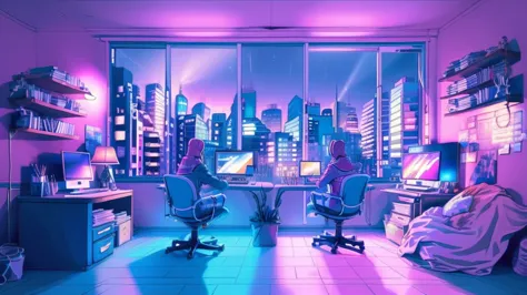 girl is a trader, pink theme, style anime, computer, living room, in the computer screen is chart stock night light , (very deta...