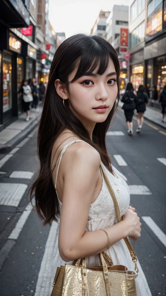 a beautiful young chinese girl walking down a city street, holding a shopping bag, (1girl,beautiful detailed eyes:1.2,beautiful detailed lips,extremely detailed face,long eyelashes),(masterpiece,best quality,ultra-detailed:1.6),realistic,photorealistic,vivid colors,cinematic lighting,dramatic atmosphere,detailed background,urban environment,realistic textures,dynamic pose,serene expression,illustration