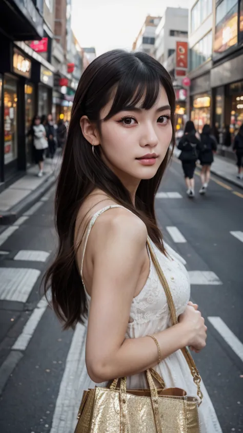 a beautiful young chinese girl walking down a city street, holding a shopping bag, (1girl,beautiful detailed eyes:1.2,beautiful ...