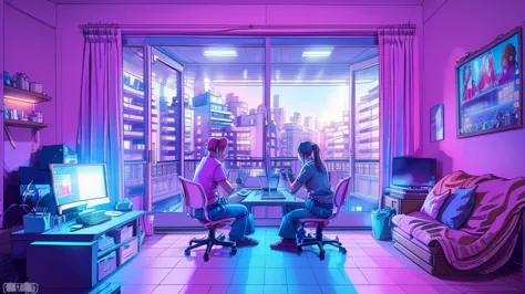 girl is a trader, pink theme, style anime, computer, living room, in the computer screen is chart stock night light , (very deta...