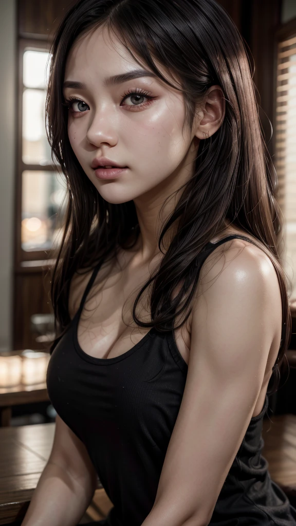 1girl, beautiful detailed eyes, beautiful detailed lips, extremely detailed eyes and face, long eyelashes, kpop idol, looking at viewers, tank top, beautiful detailed skin, glowing skin, natural lighting, soft warm colors, cinematic lighting, highly detailed, 8k, photorealistic, textured skin, super detailed, UHD, black hair, from side