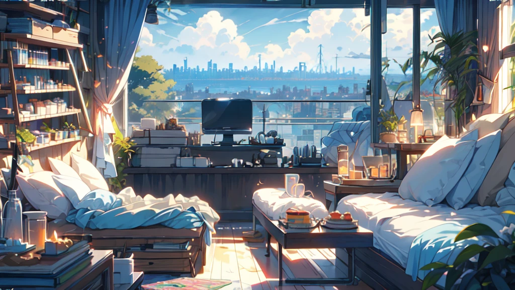 (masterpiece:1.2), highest quality,Pixiv,Pleasant animation scenes,
scenery, cityscape, city, nullscraper, building, window, cloud, null, food, indoor, computer, Book, bed, table, clock, pillow, No humans, Chair, cake, monitor, cup, dish, nullline, Lie in
 