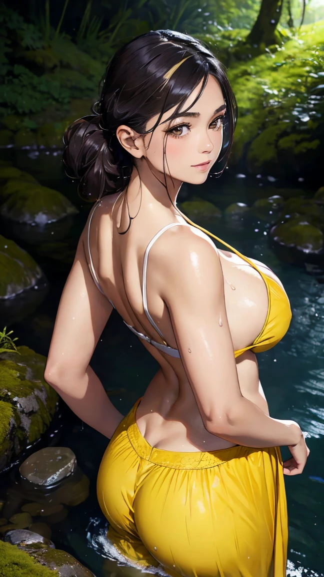 Best quality, masterpiece, super high resolution, a super model soaking in a hot spring in Japan, outdoor hot spring, stone hot spring, surrounded by moss and trees, super beautiful face, pure body, clear pores visible, (smile:0.8), wearing (), (realism:1.5), original photo, soaked body, covered in sweat, bare shoulders, in the dark, deep shadows, low-key, cold light,  yellow short netted pyjamas, standing, hand on waist, hand behind head , light smile  ((POV from back))