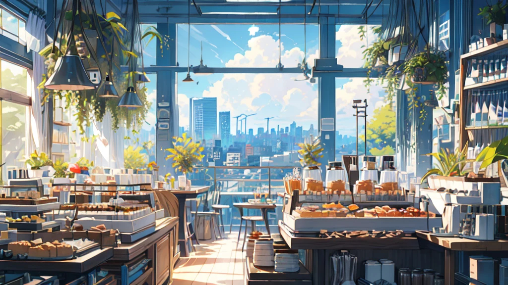 (masterpiece:1.2), highest quality,Pixiv,Pleasant animation scenes,
scenery, cityscape, city, nullscraper, building, window, cloud, food, indoor, computer, Book,table, clock,No humans, Chair, cake, monitor, cup, dish, nullline, Lie in
 