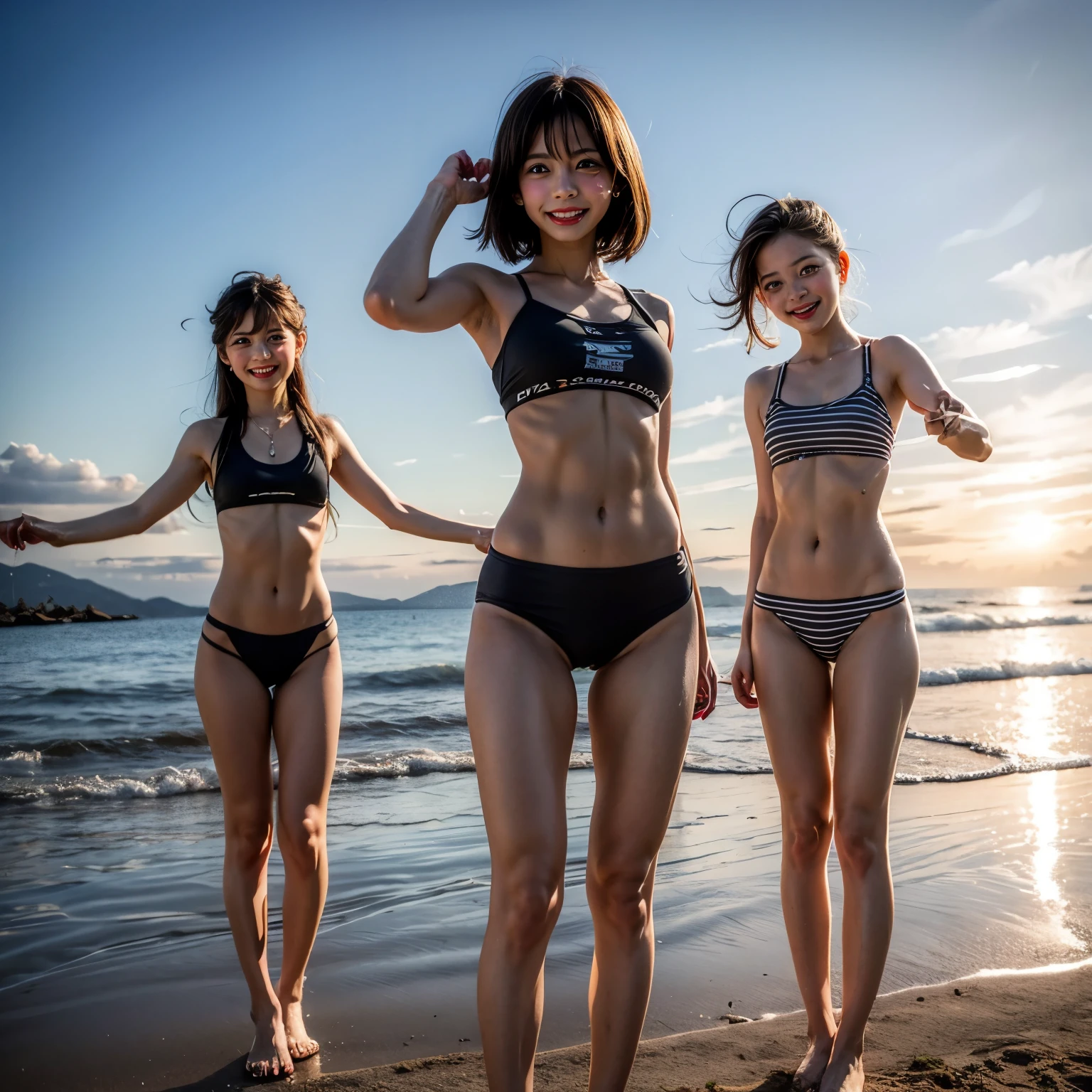  Masterpiece of ProfessionalPhoto ((ExtremelyDetailed (12 PICHIPICHI KAWAII Girls Floating in The Air in a row:1.37) in WHITE at Dusk Enoshima Beach)), {(Standing Full Body:1.2)|(from below:1.2)|Detailed KAWAII face}, Different types of hair colors, {(skinny(school swimwear))|(SchoolUniform)with Skinny AthleticShorts}, {(Corrected Childish hand)|Hidden hand|Different types of breasts|(Clearly Visible the shape of Butt)}, Joyful Expressions LifeLike Rendering, PerfectLighting, (Dazzling Horizon Visible through ThighGap), (Starry IridescentParticles:1.22) ColorfulClouds