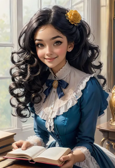 a colored pencil drawing of a pretty  smiling happy victorian governess, curly black hair. kind and inteligent, joyful  energy. ...