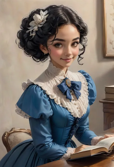 a colored pencil drawing of a pretty  smiling happy victorian governess, curly black hair. kind and inteligent, joyful  energy. ...