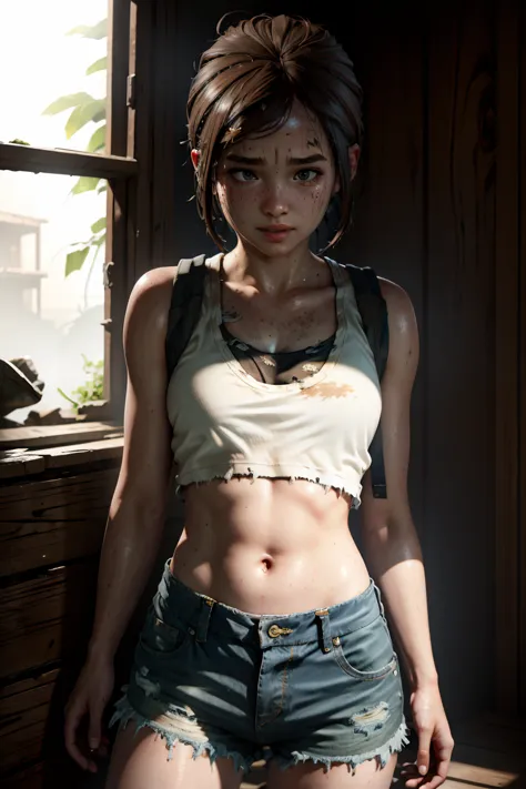 girl, summer, sweaty, short shorts, nerdy, white tank top, tlou, torn clothes, unzipped