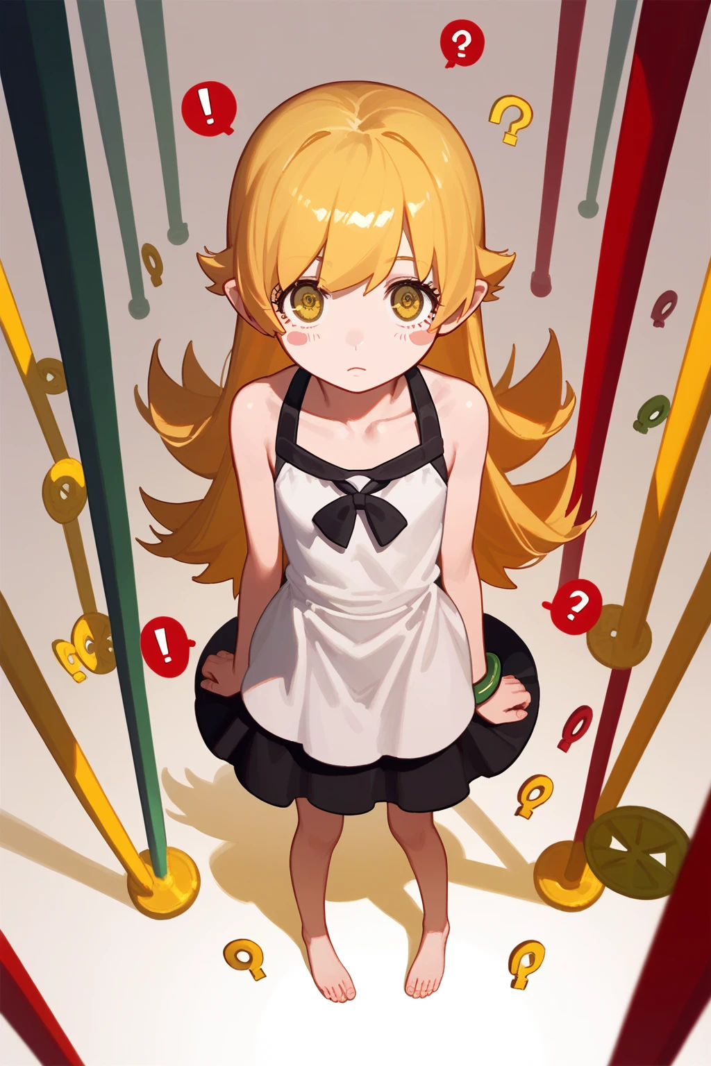 (punctuation_9,punctuation_8_High above,punctuation_7_High above,),oshino shinobu,long hair,standing alone,hair blonde,yellow  eyes,pointy ears,don,white don,blush stickers,bare shoulders,barefoot,Focus on the feet,sitting down,
