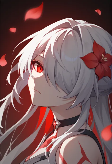 score_9,score_8_up,score_7_up,acheron_red, 1girl, solo, portrait, falling_petals, long_hair, white_hair, highres, black_choker, ...