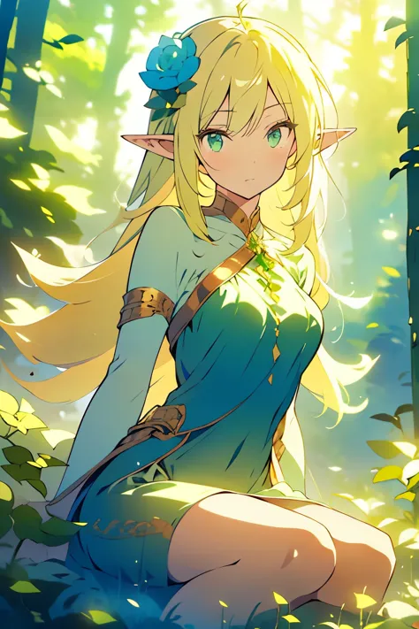 A woman, Elf, with long YELLOW/BLONDIE hair, green eyes, wearing green elegant dress, there is blue flower in her head, with ser...