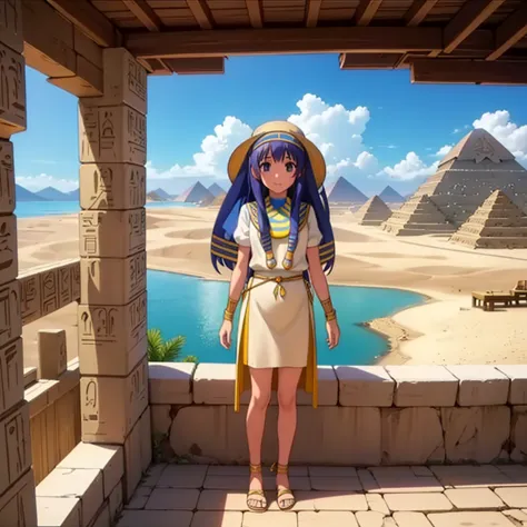 かわいいAncient Egyptの15歳の女の子、Ancient Egypt、View of the Nile、A colorful view of the whole、whole body、Low - Angle、Standing posture、Re...