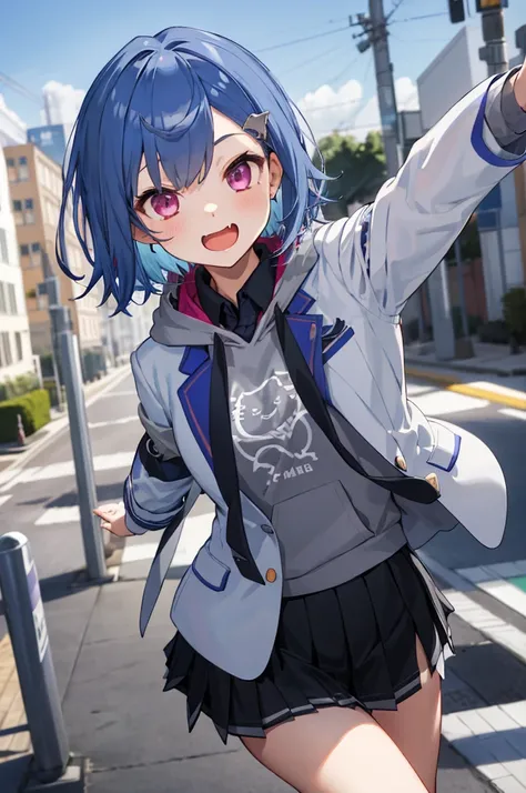 masterpiece, best quality, highres, 1girl, solo, grey hoodie, fang, blue hair, skin fang, blazer, short hair, white jacket, (mol...