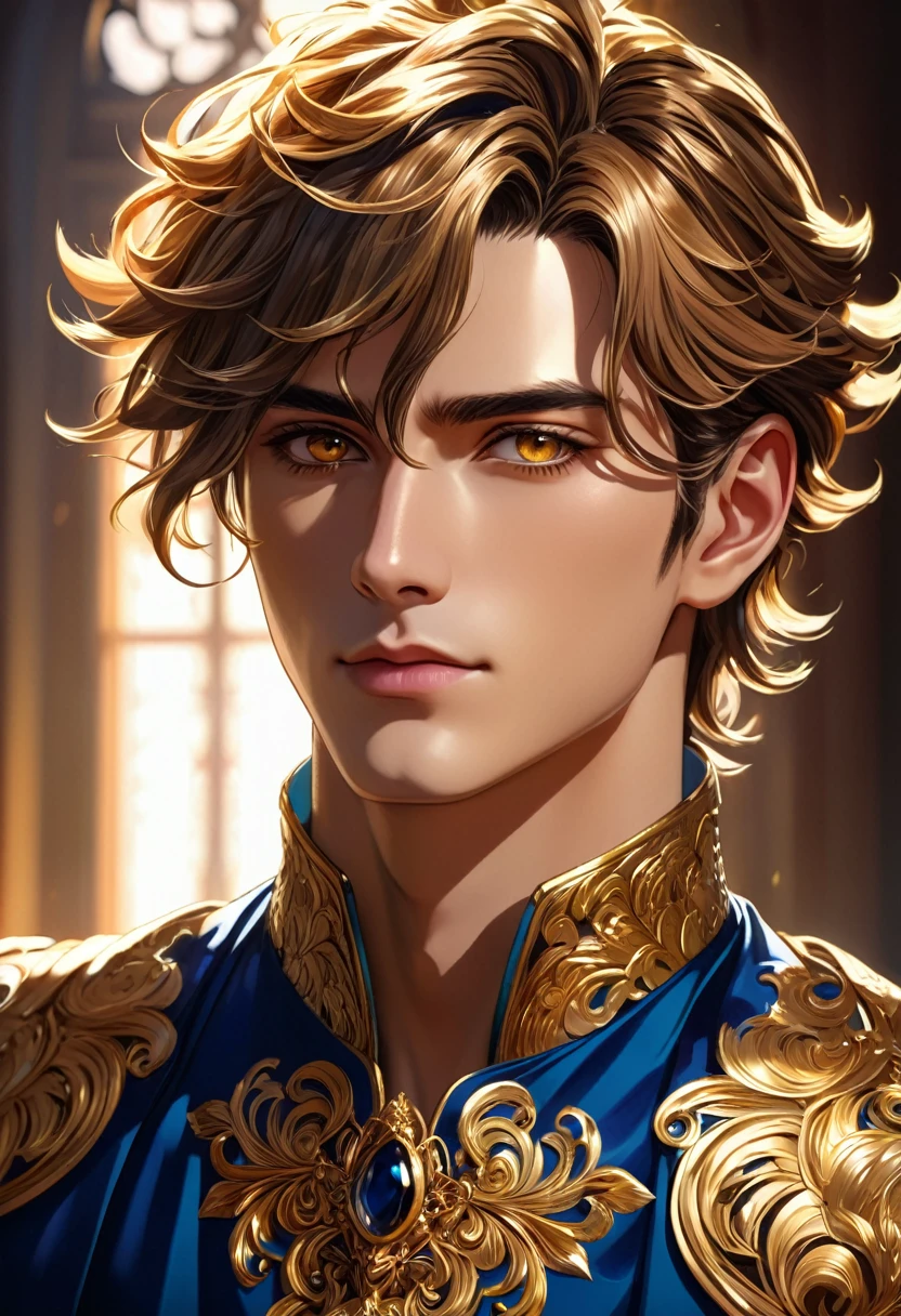 a handsome anime man, dramatic shadows, golden eyes, detailed portrait, intricate hairstyle, elegant dress, cinematic lighting, highly detailed, concept art, vibrant colors, digital painting, masterpiece, photorealistic, 8k, best quality