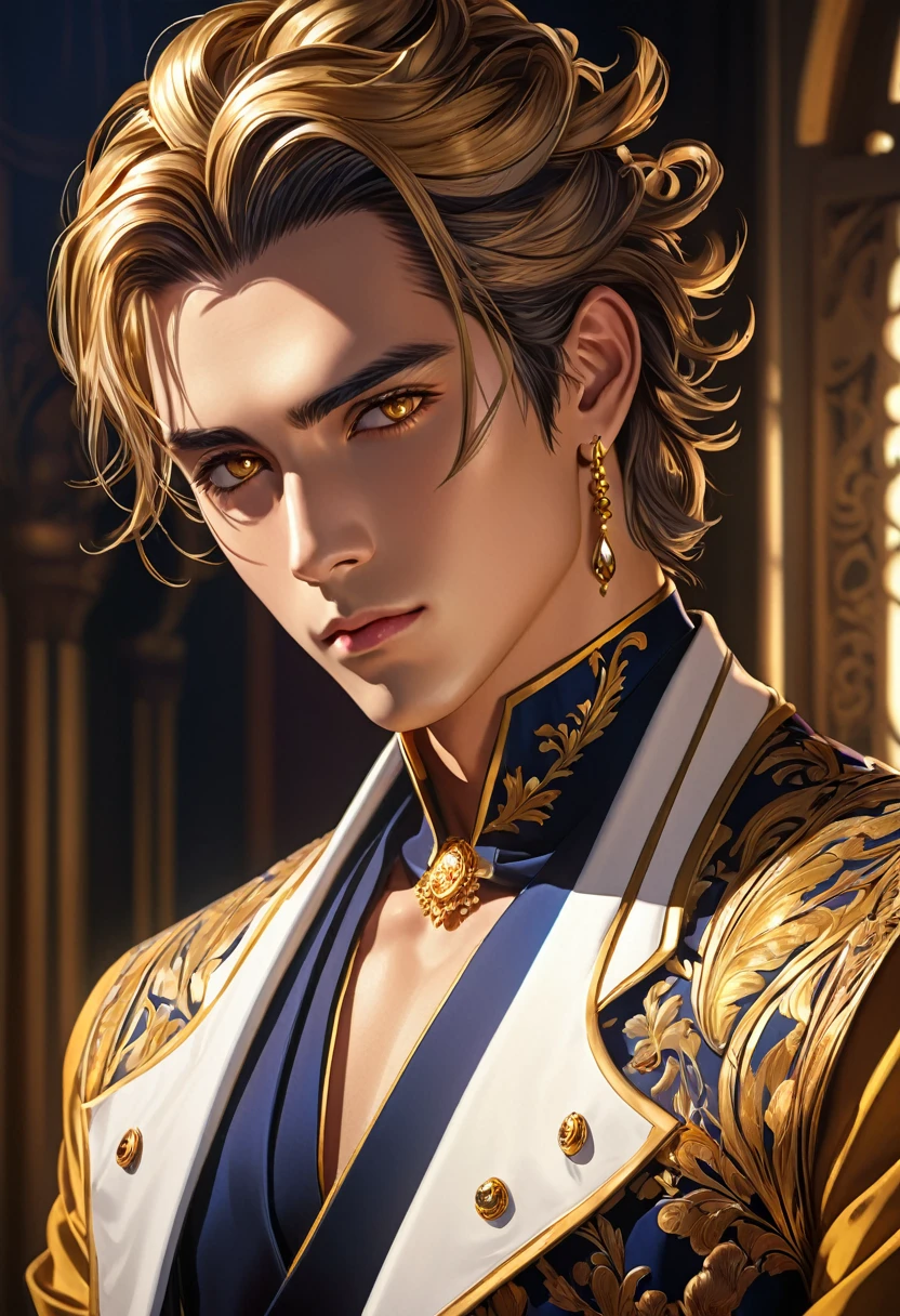 a handsome anime man, dramatic shadows, golden eyes, detailed portrait, intricate hairstyle, elegant dress, cinematic lighting, highly detailed, concept art, vibrant colors, digital painting, masterpiece, photorealistic, 8k, best quality