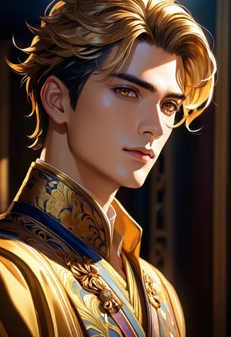 a handsome anime man, dramatic shadows, golden eyes, detailed portrait, intricate hairstyle, elegant dress, cinematic lighting, ...